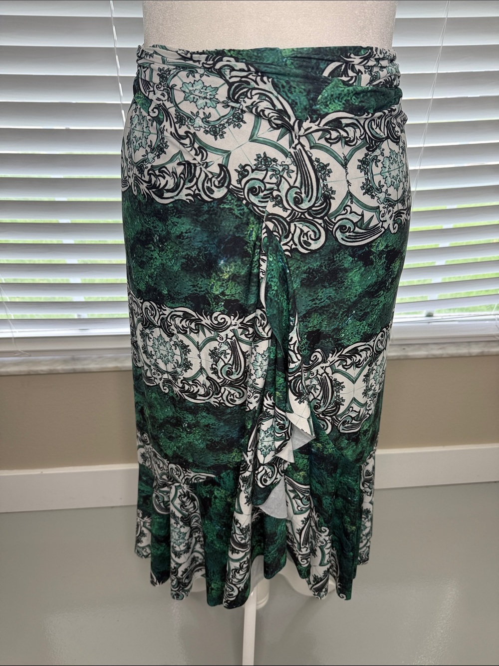 Green Patterned Ruffle Midi Skirt